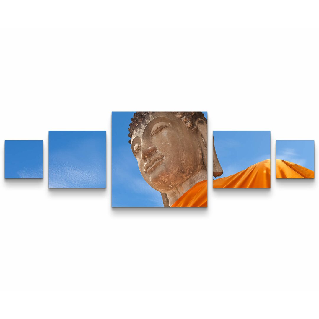 5-tlg. Leinwandbilder-Set Riesenstatue Buddha Gesicht