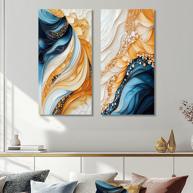 «Celestial Balance of Liquide» - ensemble de 2 reproductions d'art géométriques oranges, 40" H x 40" W