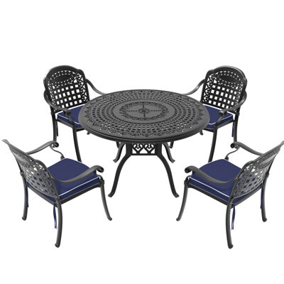 Repas d'extérieur en fonte d'aluminium - 4 chaises et table, noir, coussins, cadre de patio noir avec meubles et coussins protégés, sièges, empilable et confortable