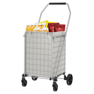 Shopping Cart With Shelf,Grocery Cart On Wheels, Foldable Utility Shopping Carts With Double Basket And 360° Rolling Swivel Wheels For Groceries Laund