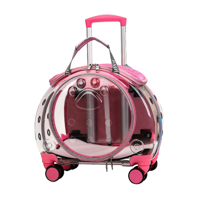 Pet Trolley Case Clear Ventilation Holes Silent Wheels Convenient Portable Cats Dogs Backpack for Travel, Pink
