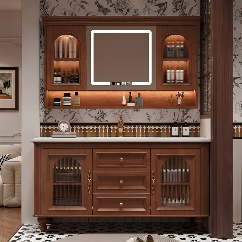 Meuble-lavabo autoportant 43,31 po en bois d'hévéa brun avec armoire à miroir, 44"