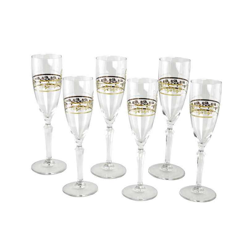 8.5 Inch Clear Crystal Wine Glasses with Gold Filigree Design, Set of 6