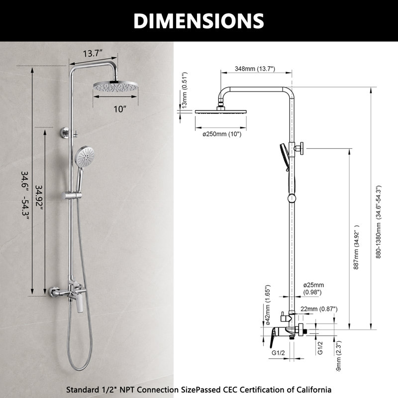 Wall Mounted 2-Function Exposed Shower System with 10 in. Round ABS Rain Shower Head, 3-Spray Handheld Shower and Slide Bar
