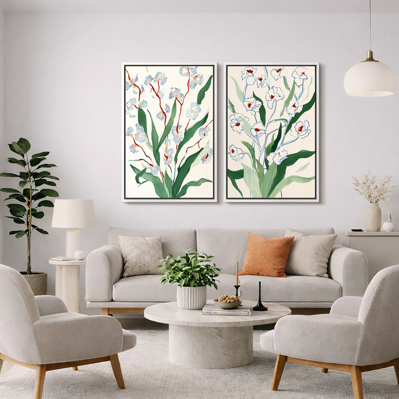 "Green Botanical Floral Art", photos de salon, impression sur toile encadrée, 2 pièces, 36" H x 48" W x 1.5" D, Cadre blanc