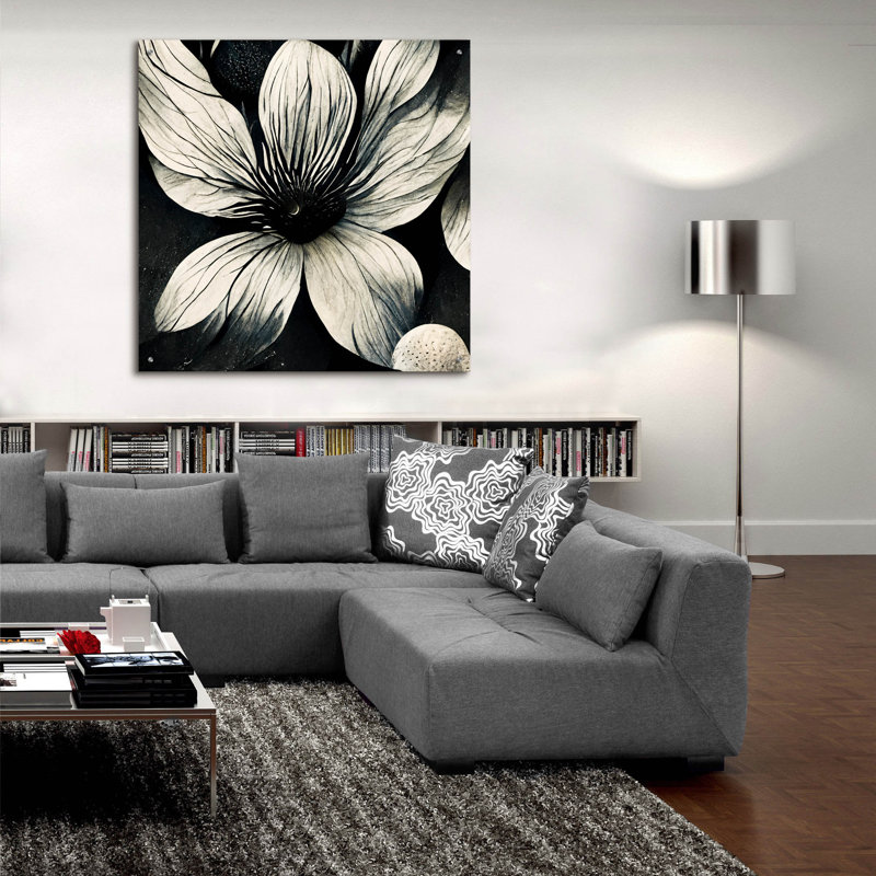 «Flowers Flowers Black White 5» par Ray Heere, art mural en verre acrylique, H 36 po x l 36 po x P 0,2 po