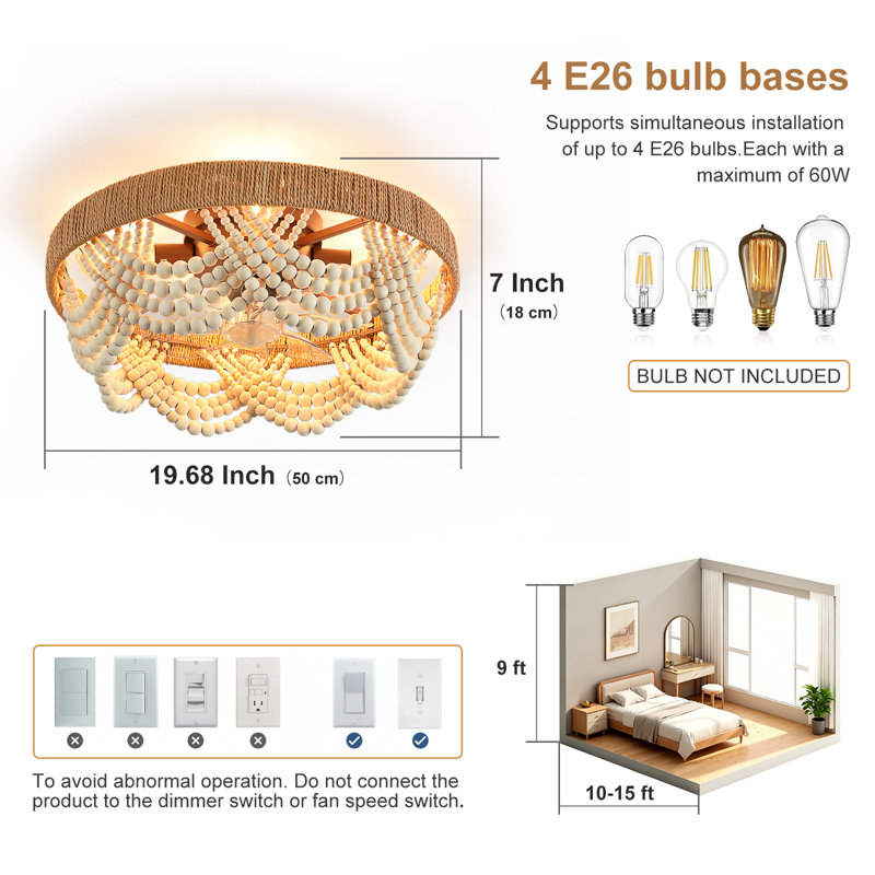 Ventilateur de plafond bohémien en cage de 20 pouces avec lumière, télécommande à 6 vitesses, moteur en cuivre pur silencieux, 4 douilles E26 (ampoules non incluses) et installation encastrée facile