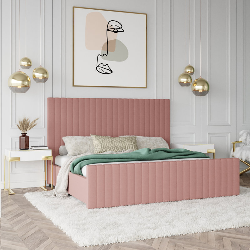Lit plateforme tapissier à profil bas Zayden, Grand, Rose