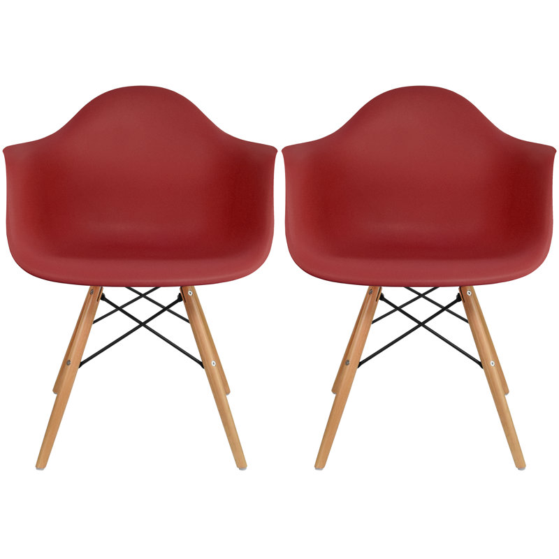 Set of 2 Mid Century Modern Dining Arm Chair with Wooden Dowel Legs, Maroon/Natural