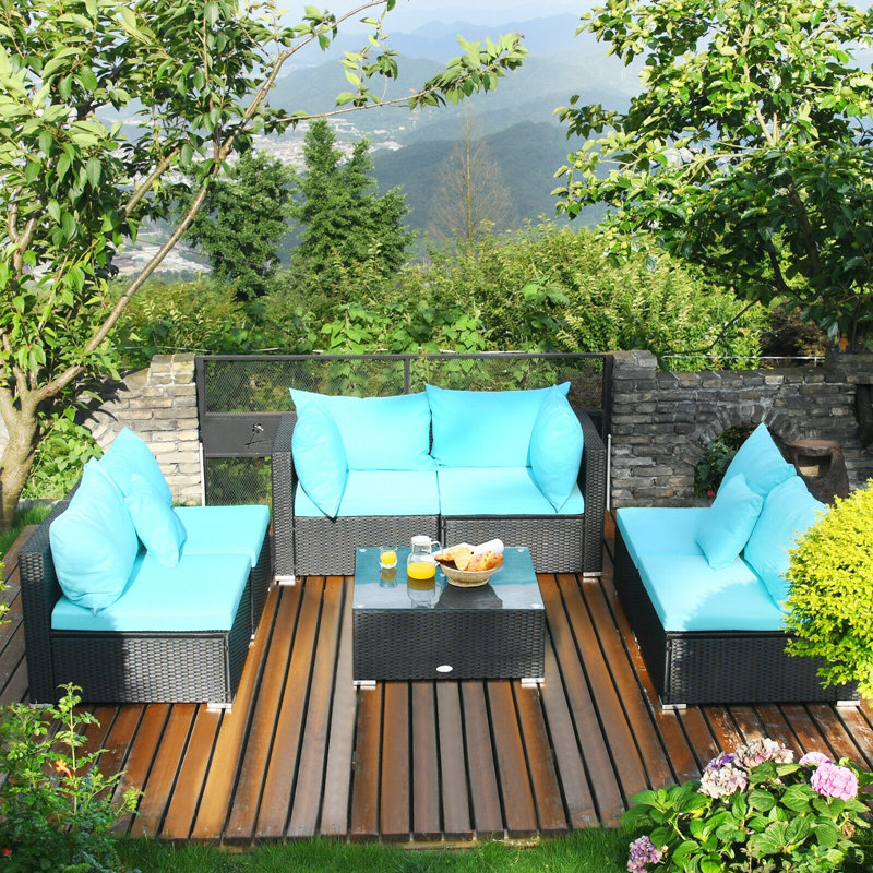 Ensemble de conversation modulaire avec coussins 7 pièces, Turquoise