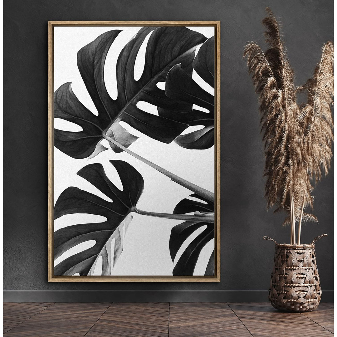 Tropical Monstera Leaf Trio Black And White Botanical Pictures Neutral Framed Canvas Print Wall Art IDEA4WALL Frame 