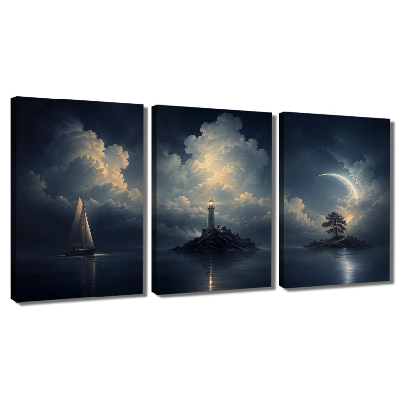 3 panneaux muraux, impression sur toile Night Ocean, 20*30inch*3