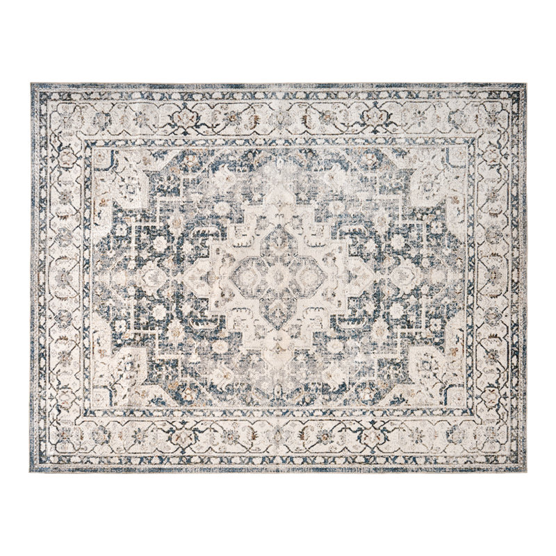 Floral Border Foldable Washable Area Rug –Light Blue, Rectangle 9' x 12'