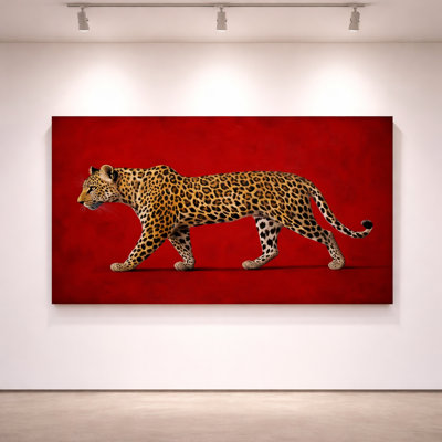 Art mural encadré Almaraz - léopard sur fond rouge, peinture réaliste de la faune - 24 po x 36 po pour le salon et la chambre à coucher