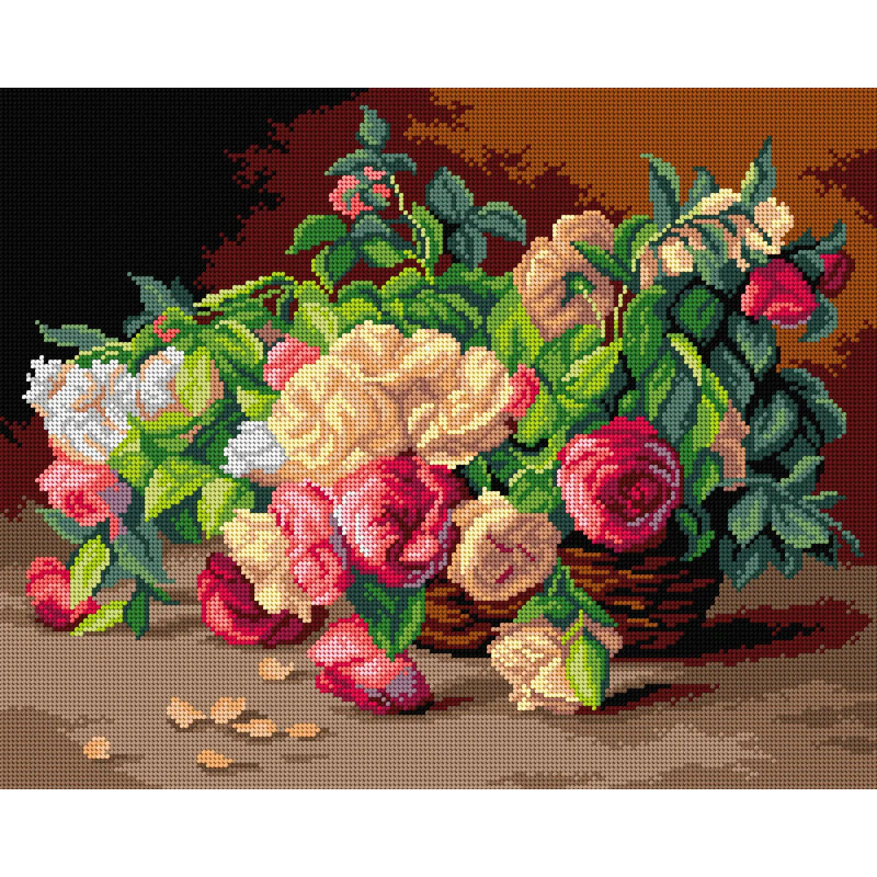 Toile Gobelin pour demi-point sans fil selon Henri Biva - Roses dans un panier 3496M