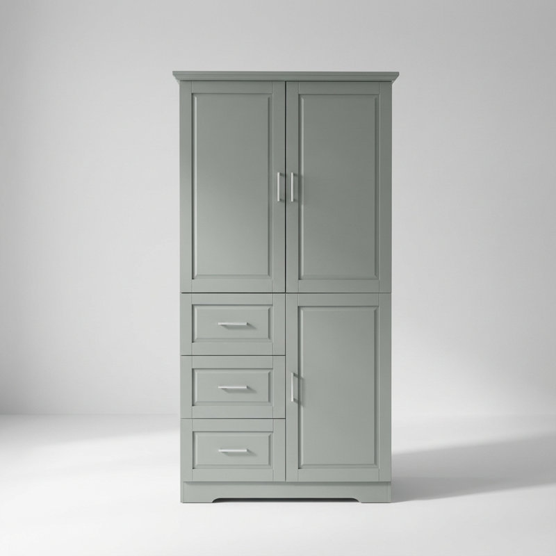 Armoire de rangement haute et large avec trois portes et tiroirs pour une organisation polyvalente, Gris