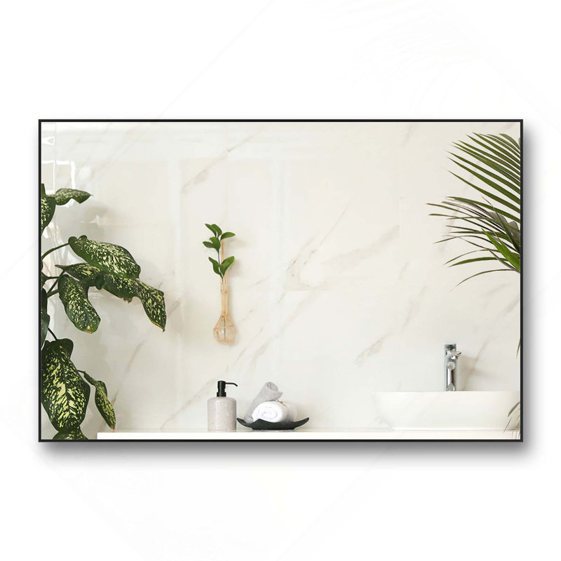 Oversized Vertical Horizontal Hanging Aluminum Framed Bathroom Wall Mount Mirror For Bedroom, Living Room, 24" x 36", Black