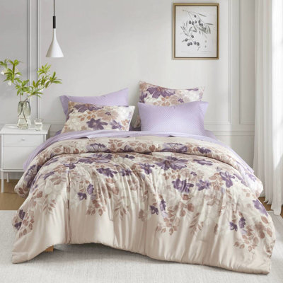 Lit taupe à motif floral avec édredon et draps, dans un sac 2 taies décoratives, 1 drap plat, taies d'oreiller ajustées, microfibre brossée douce, lavable à la machine, imprimé en microfibre, aquarelle florale, preuve