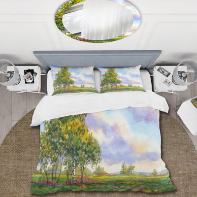«Landscape The Trees In The Evening Field» - Ensemble de housse de couette traditionnel - Microfibre de polyester