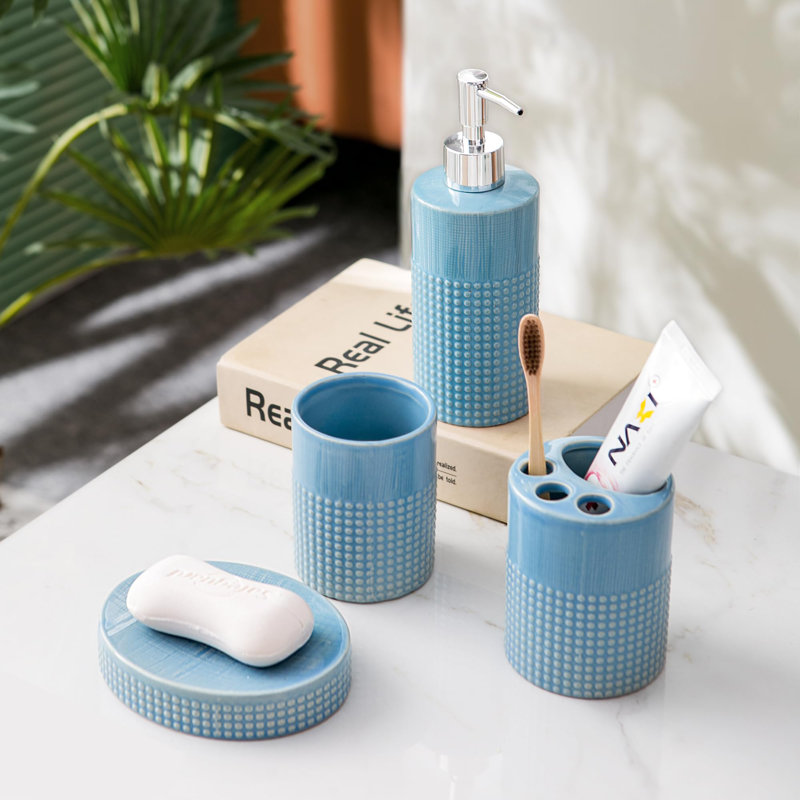 Ensemble d'accessoires de salle de bain - Ensemble d'accessoires de salle de bain en céramique bleue 4 pièces avec distributeur de savon liquide ou de lotion, porte-brosse à dents, gobelet et porte-savon - Décoration moderne à pois ronds