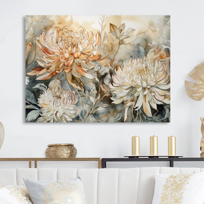 Reproduction d'art sur fond de chrysanthème jaune et vert, H 12 po x l 20 po x P 1 po