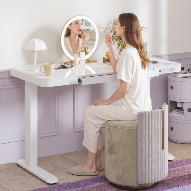 48'' W Adjustable Glass Electric Standing Desk with Drawer, USB Ports, White