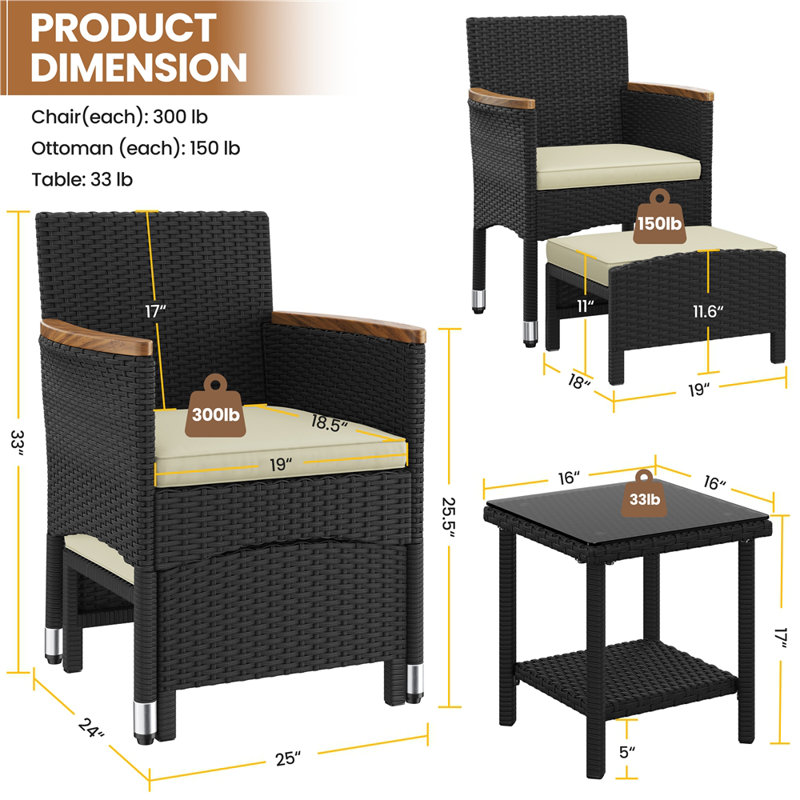 2-Person Patio Furniture Set with Ottomans and Coffee Table