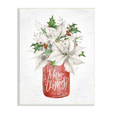 Joyeux Noël, poinsettia blanc, bouquet de baies de houx, giclée noire encadrée, art texturé par lettres et lignes
