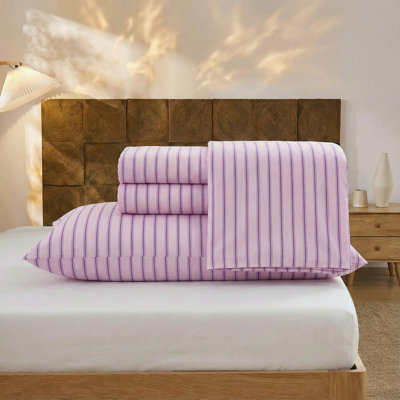 100% Cotton Sheet Set Full Size - Pink & Purple Striped Bedding, Soft Breathable Percale Weave, Deep Pocket Fitted Sheet 17.5", Luxury & Silky Soft Sheet Set for All Seasons
