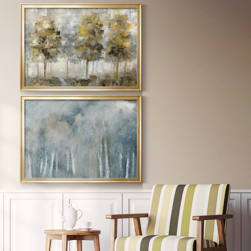 Toile encadrée de qualité supérieure Linen Trees, H 22,5 po x l 61 po x P 1,5 po, Or, Pas de tapis