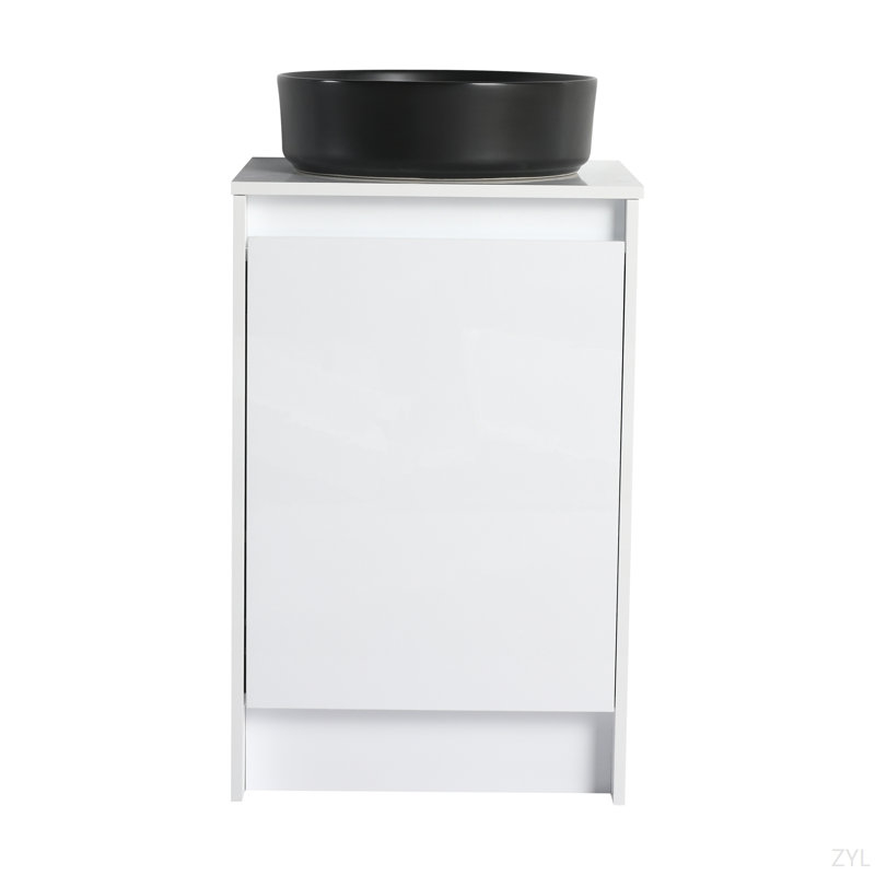 Armoire de salle de bain autoportante 20 po avec lavabo en céramique Art, portes à fermeture en douceur, blanc brillant (emballage KD)