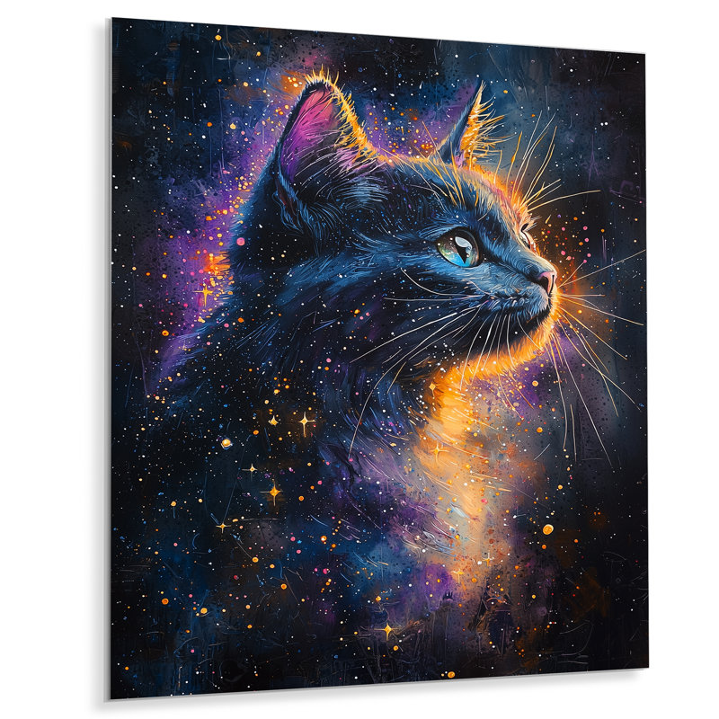 Portrait de chat céleste II - reproduction d'art moderne en métal, art mural en métal chat, H 32 po x l 24 po