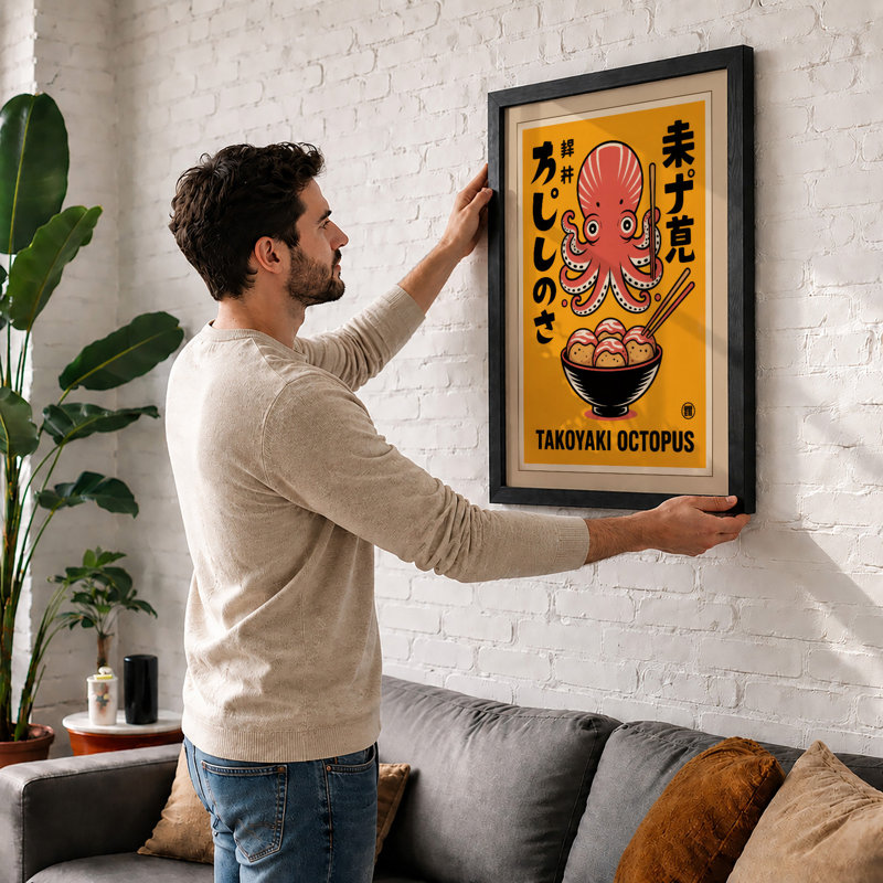 Takoyaki Octopus Retro - Framed Print, A1 - 84.1 x 59.4 cm, Oak