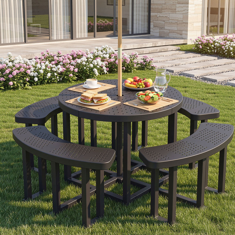  Ensemble repas de patio 38 po rond en métal avec trou pour parasol