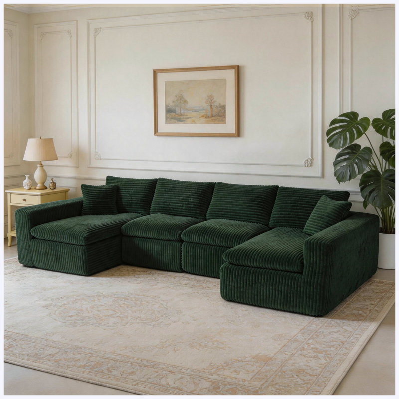 Green 130" Modular U-Shaped Cloud Sectional Sofa with Memory Foam, No Assembly Required