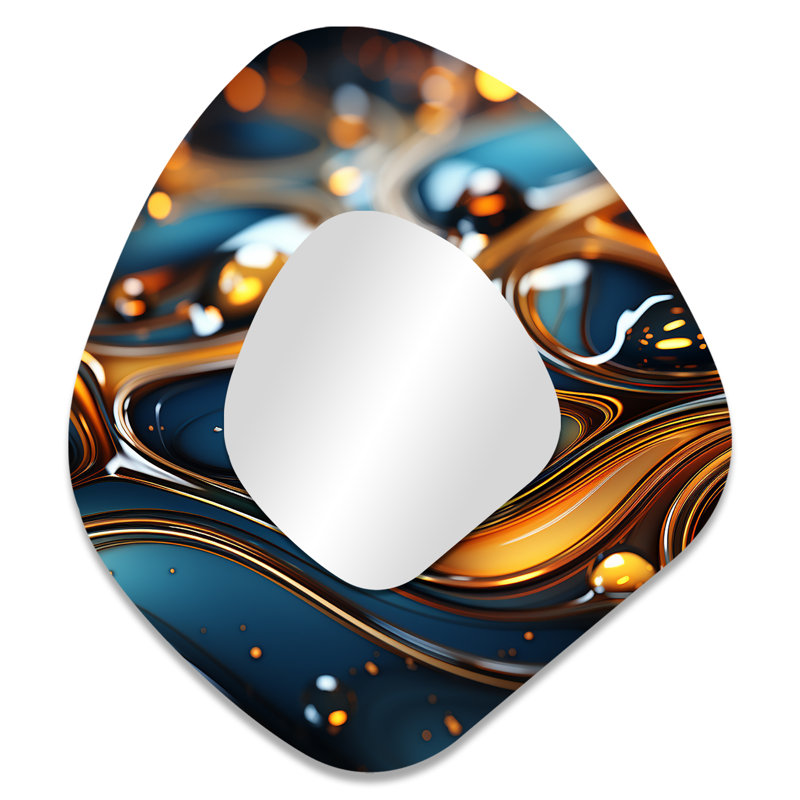 Burkeville Gold and Emerald Fractal wave III - Fractal Irregular Shape Unique Wall Mirror, Modern Asymmetrical Mirror, Printed Metal Art