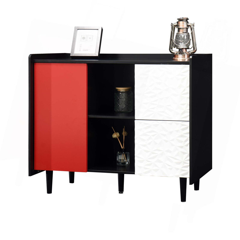 Modern Sideboard Buffet Coffee Bar Cabinet With 2 Drawers And 2 Open Storage Compartment, Black/Red