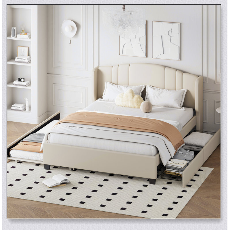 Lit plateforme tapissier avec tête de lit à oreilles, un lit gigogne et 2 tiroirs, aucun sommier nécessaire, Beige