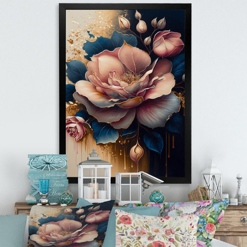 «Decadent Pink and Blue Roses III», reproduction sur toile, H 32 po x l 24 po x P 1 po, Impression noire sur toile encadrée