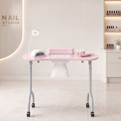 Portable Folding Manicure Nail Table with LED Lamp, Dust Collector, Wheels, Pink/White/Black