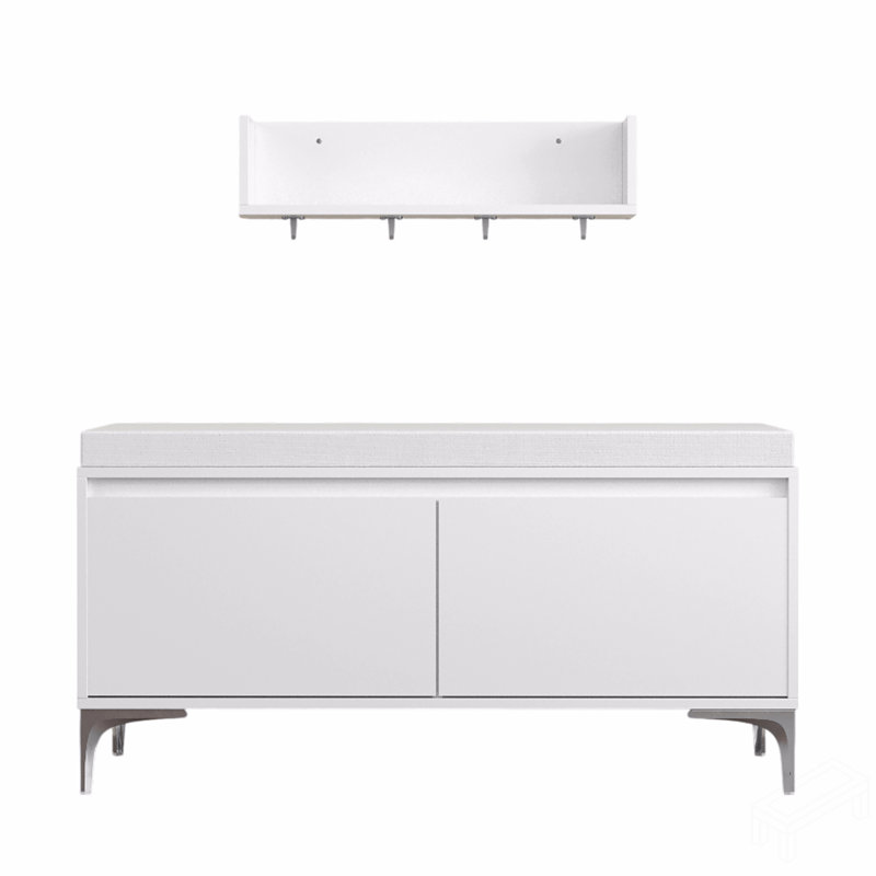 Wall-Mounted Entryway Shelf With Hooks And Storage Bench Set, Modern White Shoe Cabinet With Cushion And Closed Storage