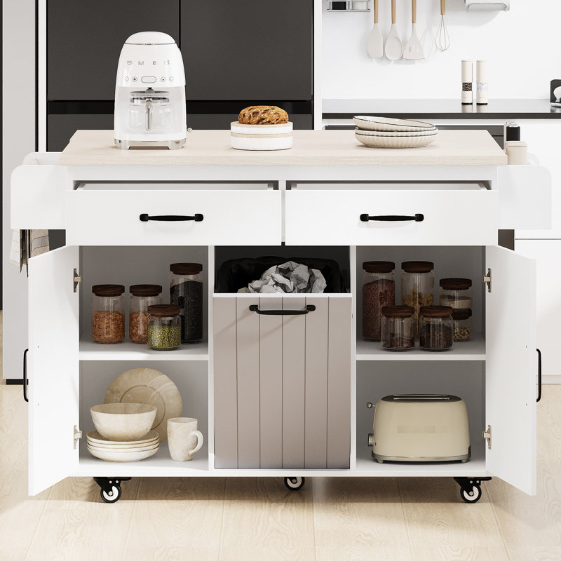 Îlot de cuisine blanc avec poubelle polyvalente, table à abattants, étagère à épices, étagères à serviettes réglables, modèle, armoire de rangement de style moderne, design, support,