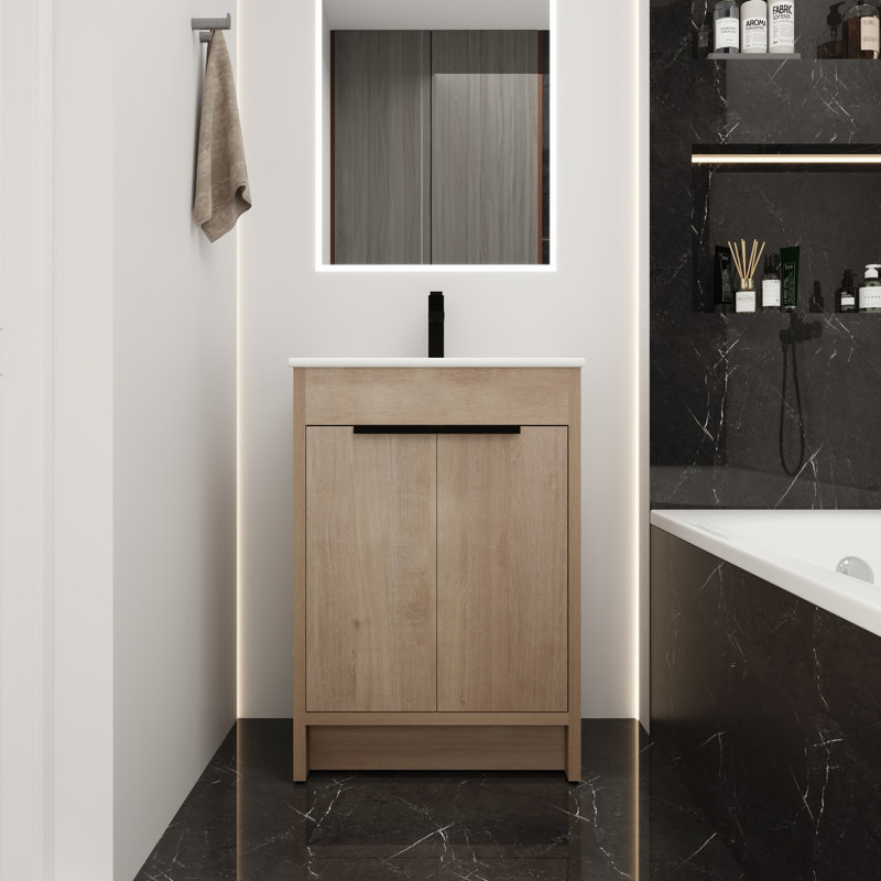 Meuble-lavabo autoportant pour salle de bain - Lavabo en céramique blanche inclus 2 portes d'armoire à fermeture en douceur spacieuses