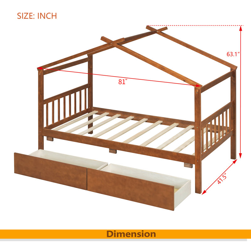 Lit simple en bois avec tiroirs, Lit simple, Noyer