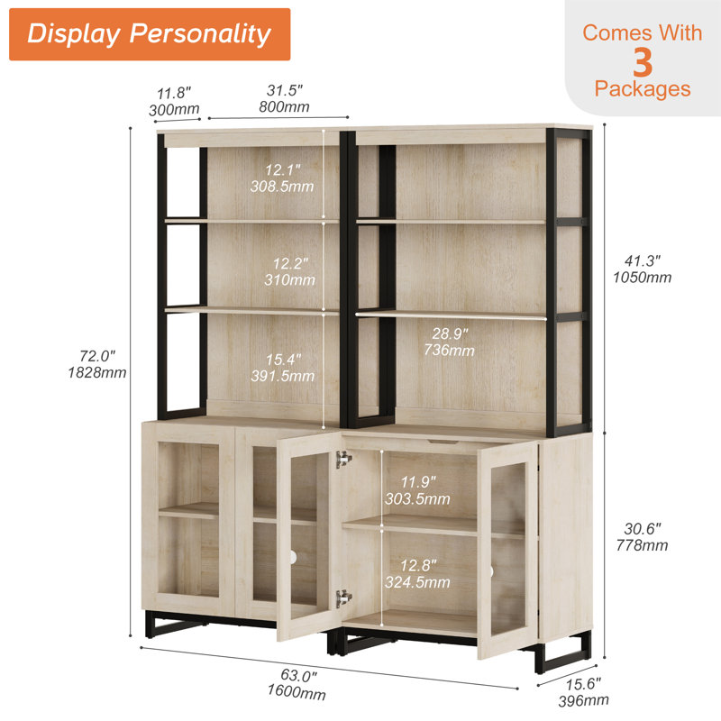 2PCS Modern 72" Sideboard With Glass Doors And Adjustable Shelves, Multifunctional Buffet Cabinet With Storage And Open Shelves For Dining Room Or Kitchen