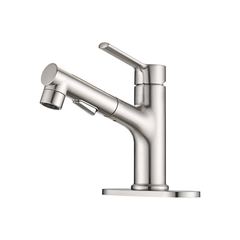 Topcraft Single Handle Pull-Out Bathroom Faucet With Pop-Up Drainer, Brushed Nickel