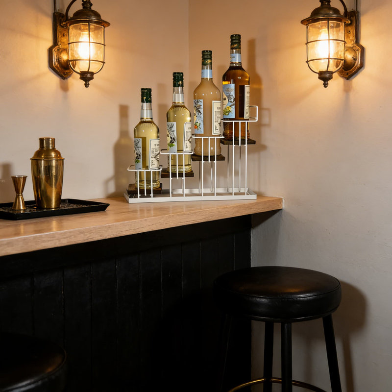 4-Tier Countertop Bottle Organizer Rack - Rustic Wood And Metal Wire Display Stand For Kitchen, Coffee Bar, And Pantry Storage