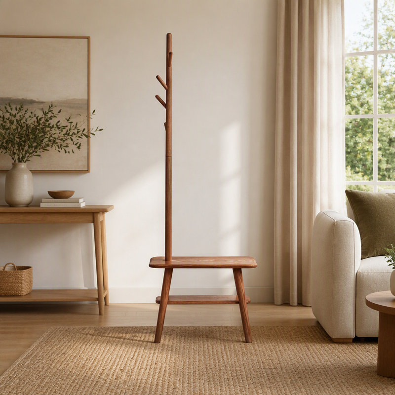 Portemanteau avec banc et rangement pour chaussures, porte-manteau pour vestibule et rangement Mid-Century pour le couloir