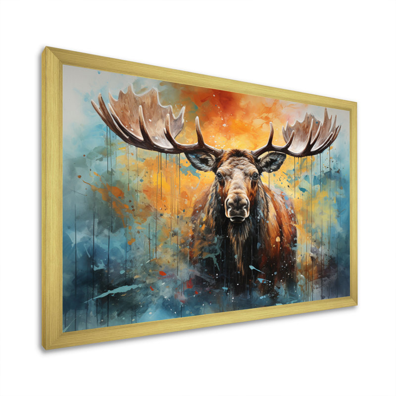 «Colorful Moose Majestic Collage II - Moose», reproduction sur toile encadrée, H 12 po x l 20 po x P 1 po, Cadre doré simple