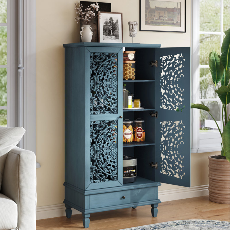 Rustic 55'' Tall Storage Cabinet With Drawer, Decorative 2-Door Carved Wood Accent Cabinet With Solid Wood Legs For Living Room, Hallway, Dining Room, Antique Blue